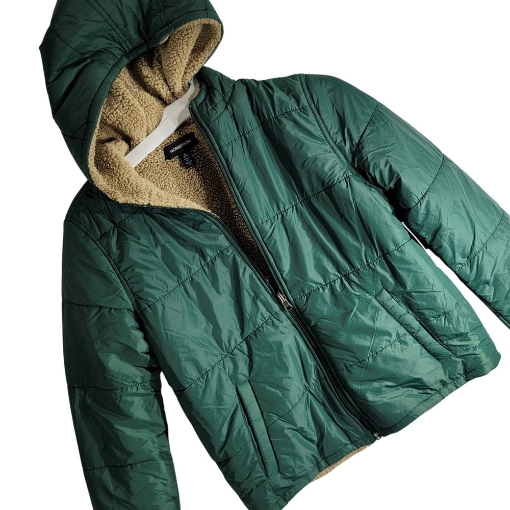 Nordstrom Kids Reversible Green Sherpa Lined Puffer Jacket Hooded XL 14/16 NEW